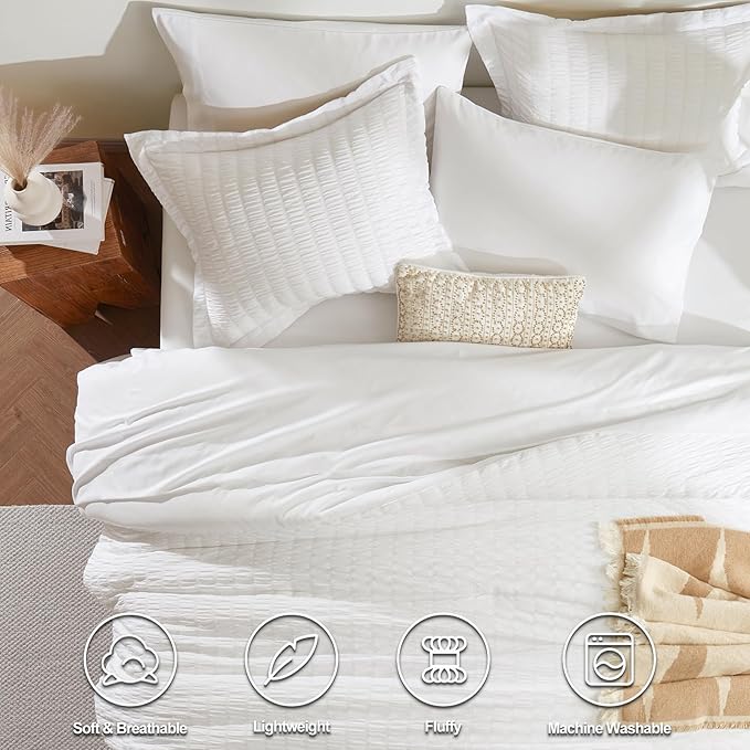 CozyLux King Size Comforter Set White Seersucker 7 Pieces Bed in a Bag King Comforter Set with Sheets, Luxury Soft Bedding Set with Down Alternative Comforter, Sheets, Pillowcases & Shams All Seasons