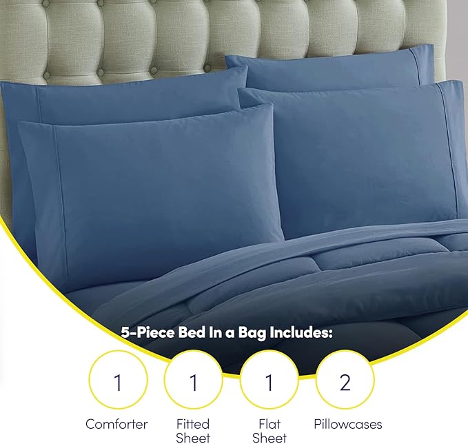 Sweet Home Collection 5 Piece Comforter Set Bag Solid Color All Season Soft Down Alternative Blanket & Luxurious Microfiber Bed Sheets, Denim, Twin (Pack of 4)