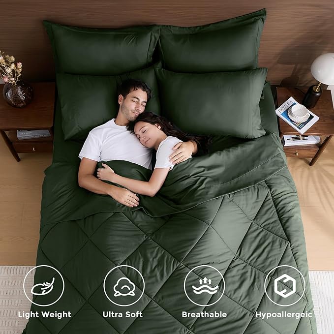 HEVUMYI Army Green King Comforter Set - 7-Piece All Season Bed in a Bag King, Ultra Soft Bedding Set with Comforter, Flat Sheet, Fitted Sheet, Pillowcases, Pillow Shams