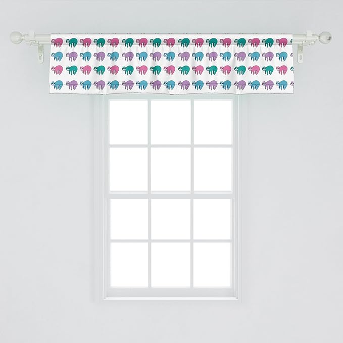 Ambesonne Funny Sloth Window Valance, Colorful Art Repeating Lazy Animal on Plain Backdrop, Curtain Valance for Kitchen Bedroom Decor with Rod Pocket, 54" X 12", Dark Seafoam Pink