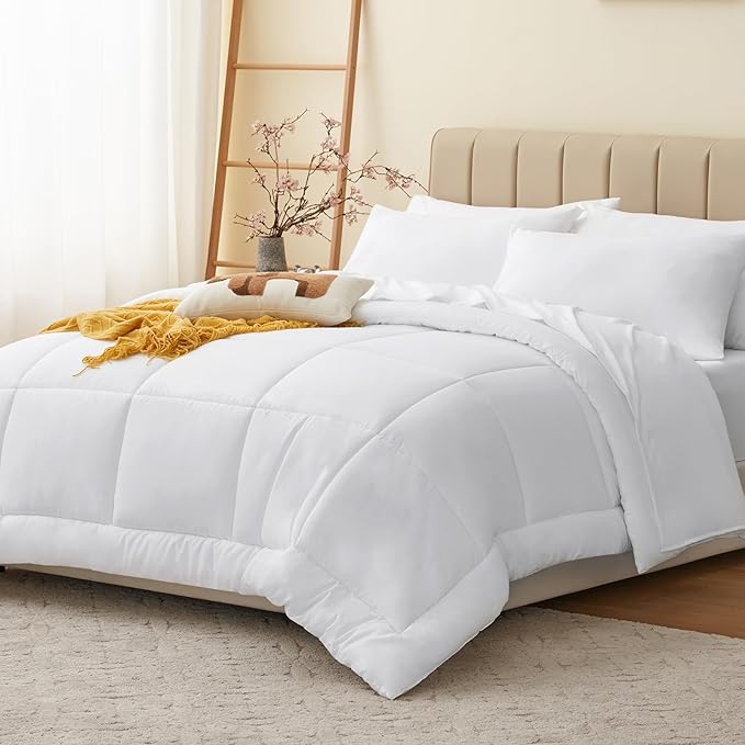 CozyLux Twin XL Comforter Set White, 5 Pieces Twin Extra Long Bed in a Bag for College Dorm, All Season Bedding Set with Stitch Quilted Comforter, Flat Sheet, Fitted Sheet, Pillowcases