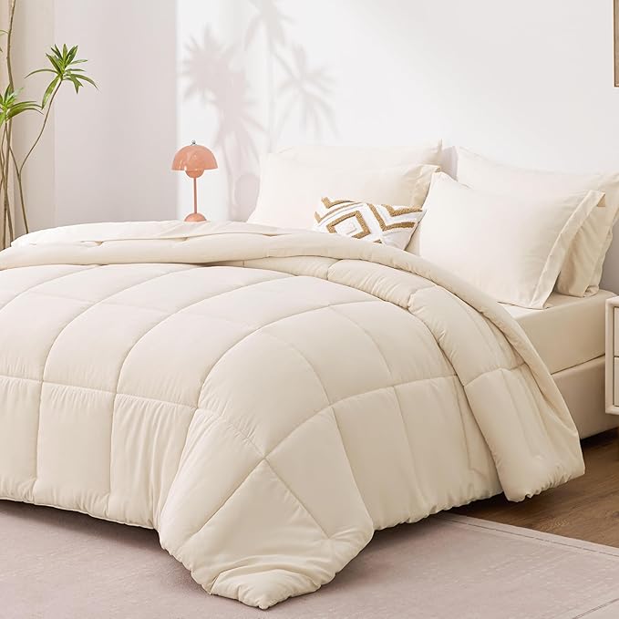 Love's cabin Twin Comforter Set Beige, 5 Pieces Twin Bed in a Bag, All Season Bedding Sets with 1 Comforter, 1 Flat Sheet, 1 Fitted Sheet, 1 Pillowcase and 1 Pillow Sham
