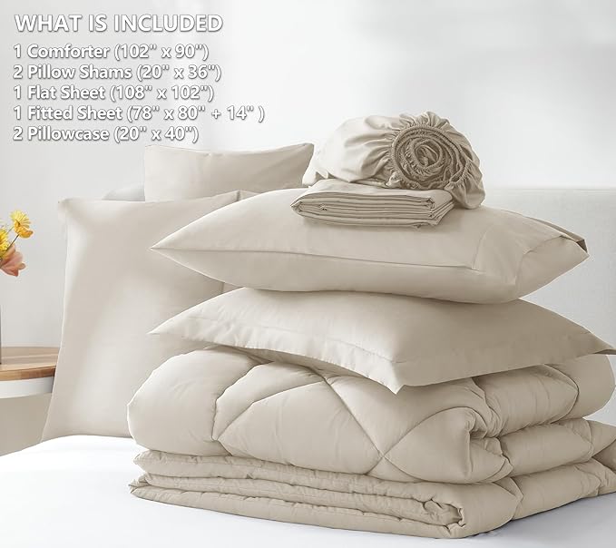 CozyLux King Size Comforter Set Oatmeal - 7 Pieces Bed in a Bag King, Luxury Soft Bed Set for All Seasons, Bedding Set with Down Alternative Comforter, Sheets, Pillowcases & Shams