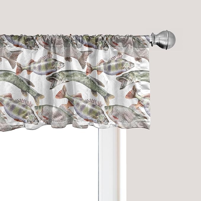 Ambesonne Fishes Window Valance, Watercolor Common Carp Perch and Bass Freshwater Animals Themed Seafood Drawing, Curtain Valance for Kitchen Bedroom Decor with Rod Pocket, 54" X 12", Pale Blue Grey