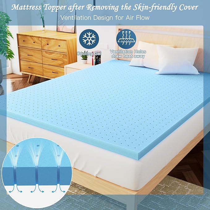 Airensky 4 Inch Memory Foam Mattress Topper, Cooling Gel Infused High Density Cal King (72"x84") Topper with Removable Washable Cover, Bed Topper for Pressure Relief Back Pain, CertiPUR-US Certified