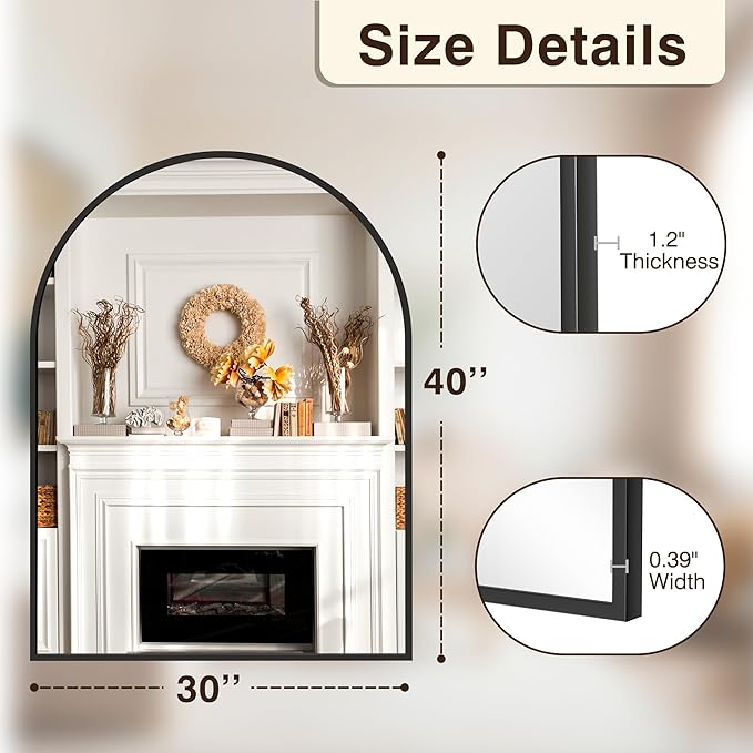 FICTOR Bathroom Vanity Mirror for Wall,40”x30” Large Arched Metal Framed Bathroom Mirror for Over Sink,Entryway, Living Room & Bedroom(Black)