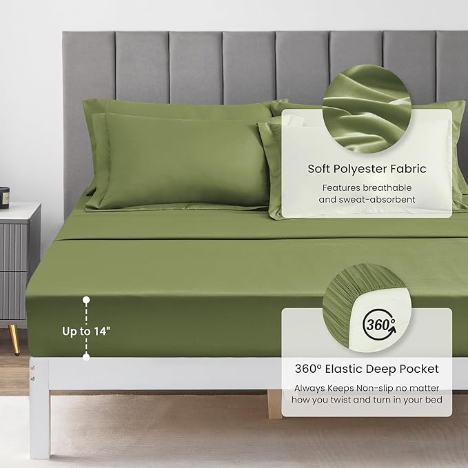 Love's cabin Full Comforter Set Olive Green, 7 Pieces Full Bed in a Bag, All Season Bedding Sets with 1 Comforter, 1 Flat Sheet, 1 Fitted Sheet, 2 Pillowcase and 2 Pillow Sham