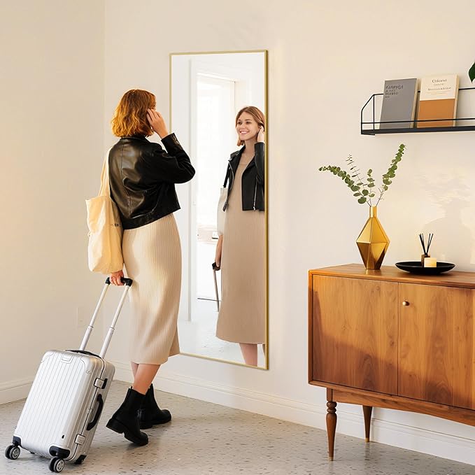 DUMOS Wall-Mounted Full Length Mirror 59"x 17" for Bedroom, Full Body Floor Mirror with Stand, Hanging or Leaning for Wall, Gold