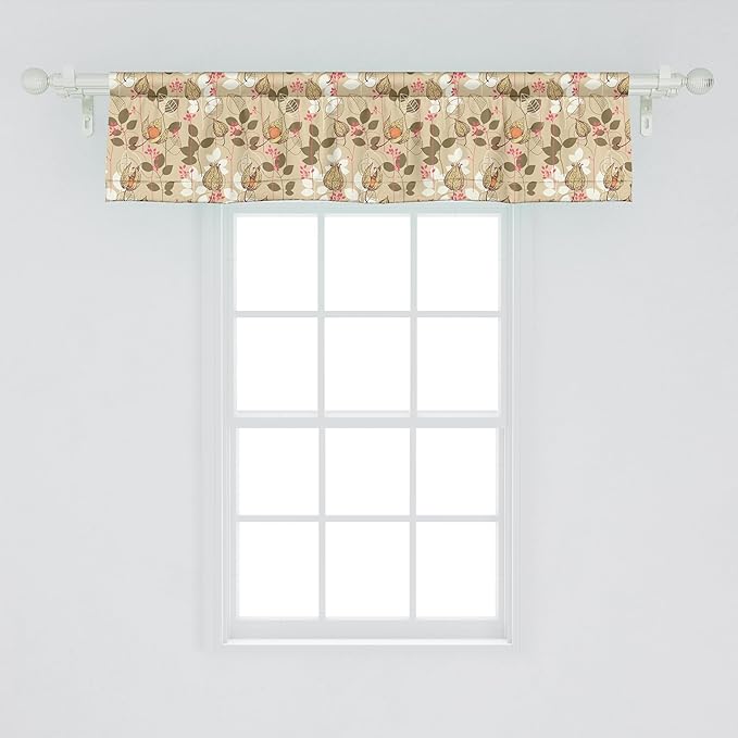 Ambesonne Autumn Window Valance, Seasonal Fruits and Leafs Vintage Botanical Print Soft Brown Toned Backdrop, Curtain Valance for Kitchen Bedroom Decor with Rod Pocket, 42" x 12", Sepia Multicolor
