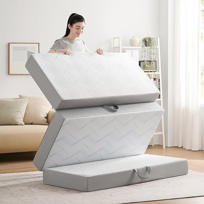 Foldable Mattress Single 4 inch -Portable White Memory Foam Folding Matress with Washable Cover for Camping Travel Guest Room Home Use-Non-Slip&Easy Storage