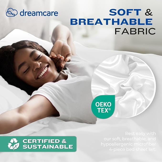 DREAMCARE Full Size Sheets - Cooling Bed Sheets - 4pcs Set - up to 15" Deep Pocket Full Sheet Set - Sheets Full Size Bed - Soft & Long Lasting 100% Fine Brushed Polyester with Side Pocket - White