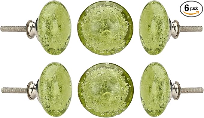 Perilla Home Set of 6 Crystal Bubble Knobs for Cabinet & Drawers Decorative Glass Knobs for Home Kitchen Cabinet Hardware Cupboard Glass Door Dresser Wardrobe and Drawer Pulls (Olive Green)
