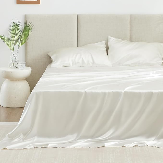Love's cabin California King Satin Sheet Sets - 4 Piece Ivory Silky Sheets Bed Set with Deep Pocket, Luxury Silk Feel Satin Cal King Sheet Set (1 Flat Sheet,1 Fitted Sheet,2 Pillow Cases)