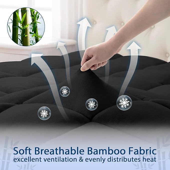 ELEMUSE Full Black Cooling Bamboo Viscose Mattress Topper for Back Pain, Extra Thick Mattress Pad Cover, Plush Soft Pillowtop with Elastic Deep Pocket, Overfilled Down Alternative Filling