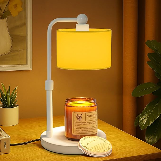 Candle Warmer Lamp with Timer, Dimmable Candle Wax Warmer, Height Adjustable Electric Candle Lamp Warmer with 2 Bulbs, Gifts Idea for Women Her, Mom, Vintage Home Decor for Bedroom-Yellow