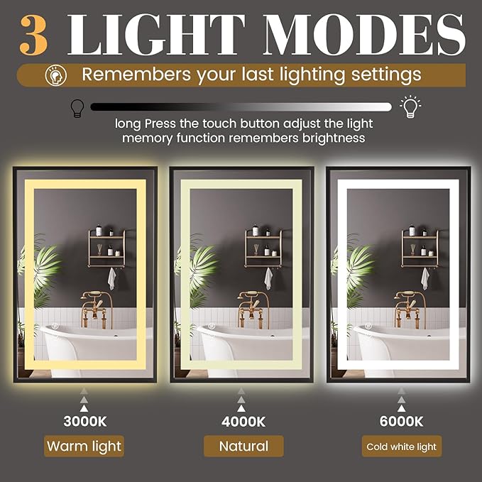 LED Bathroom Mirror,20"x28" Led Mirror with Black Frame, Front Light and Backlit, Stepless Dimmable, Anti-Fog, Shatter-Proof, Memory, 3 Colors, Double LED Vanity Mirror