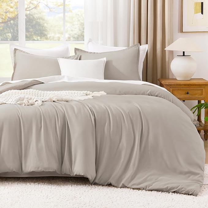 Litanika Linen Grey Comforter Set Queen Size, 3 Pieces Lightweight Solid Bedding Comforter Set, All Season Fluffy Bed Set (90x90In Comforter & 2 Pillowcases)