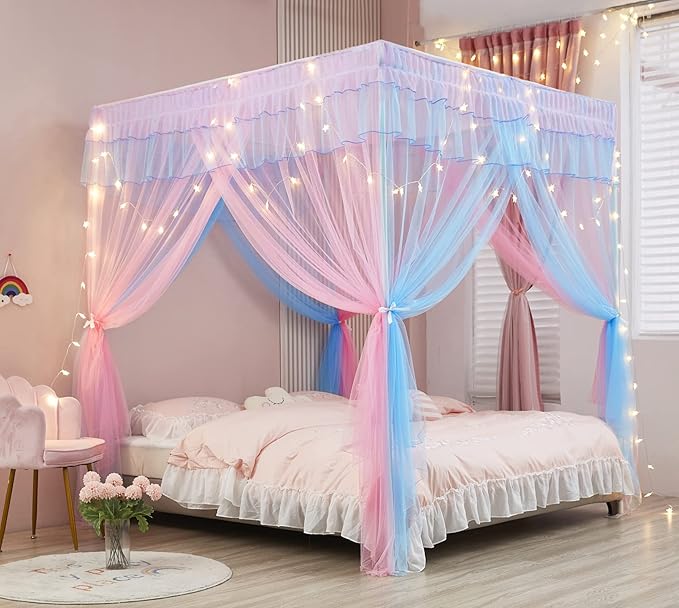 Mengersi Rainbow Canopy Bed Curtains with Lights - Princess Bed Canopy for Girls - Bed Drapes Netting- Bedroom Decoration Accessories,Twin