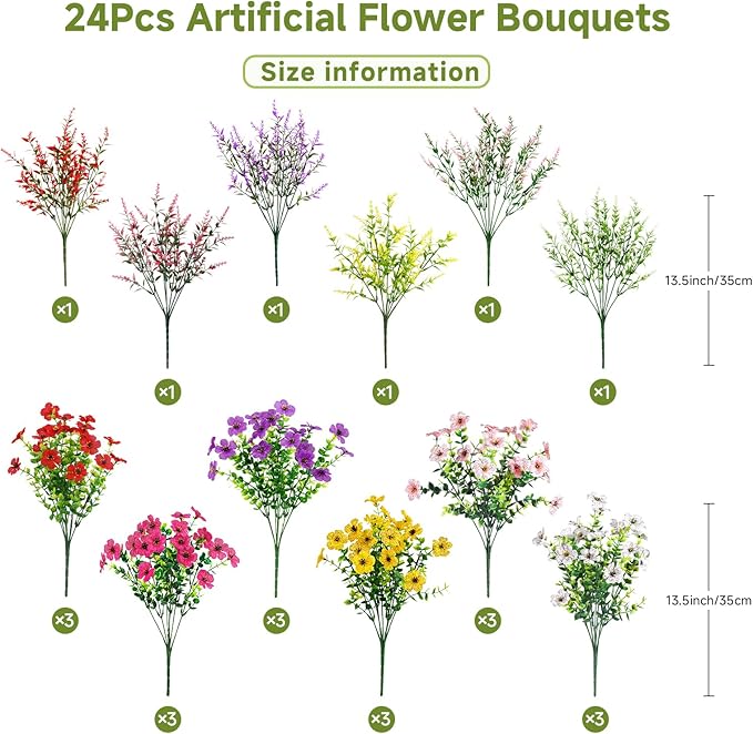 SHareconn 24 Bundles Artificial Flowers for Outdoors, Faux Plants Fake Silk Colorful Daisy Eucalyptus Lavender, UV Resistant for Outside Home Porch Patio Spring Decor, RedRosyPurpleYellowPinkWhite