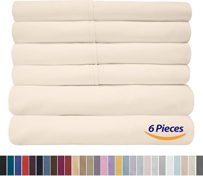 Sweet Home Collection 6 Piece 1500 Supreme Collection Brushed Microfiber Deep Pocket Sheet Set-2 Extra Pillow Cases, Great Value, Split King, Ivory