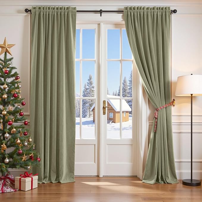 Lazzzy Velvet Blackout Curtains Green 90 Inch Long Thermal Insulated Curtain Heavy Duty Drapes Room Darkening Blackout Curtains Bedroom Window Treatment Set of 2 Panels Rod Pocket Sage