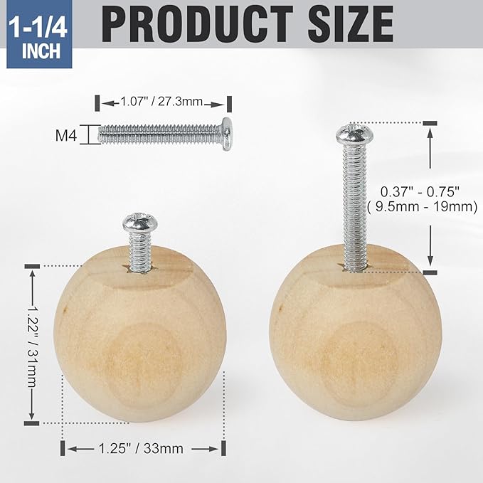 FoDau770 15pcs Unfinished Wood Knobs, Round Ball Cabinet Knobs Vintage Drawer Pulls, Natural Wooden Cabinet Hardware for Furniture Drawer Dresser Wardrobe Cupboard - 1-1/4" Diameter