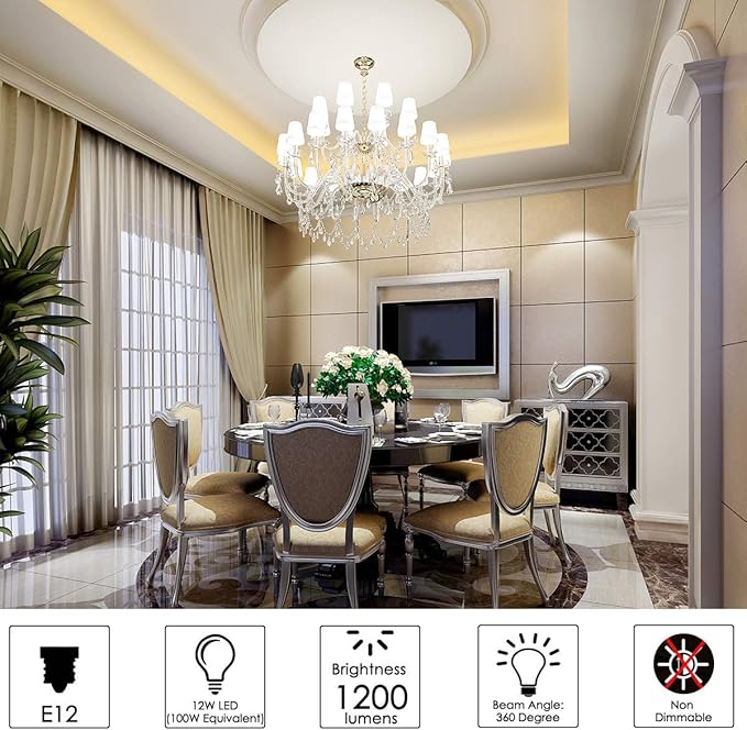 E12 LED Corn Light Bulbs, 12W Equivalent 100W, 1200 Lumen 6000K Cool Daylight White, Non-Dimmable Candelabra Base Chandelier Lights, Pack of 3