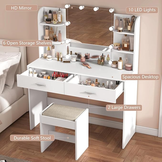 usikey Vanity Desk with Mirror and Lights, Makeup Vanity Set with 2 Drawers and Open Shelves, Makeup Vanity Desk Dressing Table with Cushioned Stool and 10 LED Lights, White