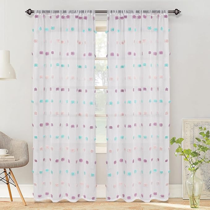 MYSKY HOME Rainbow Curtains for Bedroom Nursery Pom Pom Curtains Kids 84 Inch Length Long White Sheer Curtains 2 Panels Set for Living Room Girls Room Rod Pocket Farmhouse Dining Room 52 x 84 inch