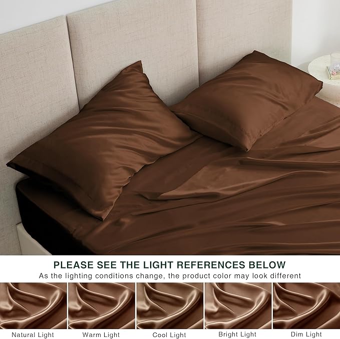 Love's cabin Full Size Satin Sheet Sets - 4 Piece Brown Silky Satin Sheet Set Full with Deep Pocket, Luxury Silk Feel Satin Bed Sheets Full Bedding Set (1 Flat Sheet,1 Fitted Sheet,2 Pillow Cases)