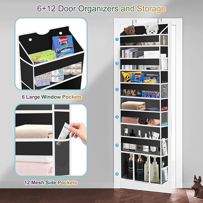 Over The Door Organizer Closet,6 Bins 12 Side Pockets,Hanging Organizer,Anti Tilt 50 lbs Load Organizers and Storage with Clear Window for Bedroom,Nursery,Rv,Bathroom,Camper(Black)