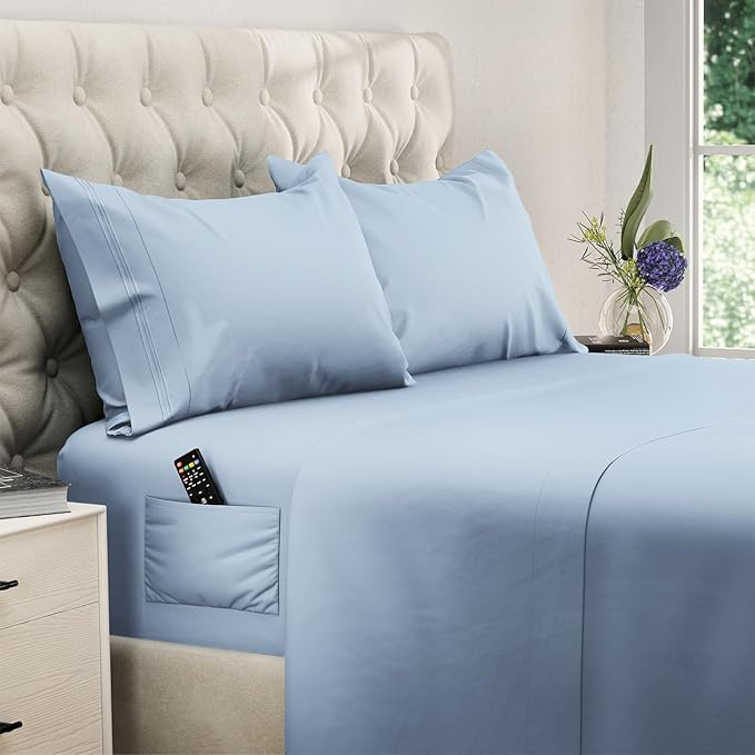 DREAMCARE Queen Sheet Set – 4 pcs Cooling Sheets – up to 21” Extra Deep Pocket Queen Sheets – Hotel Luxury Sheets & Pillowcases – Superior Softness 100% Fine Microfiber with Side Pocket – Light Blue
