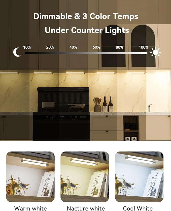 Under Cabinet Lighting 4 Inches Rechargeable Motion Sensor Light Indoor, 3 Color Dimmable Closet Light Battery Operated, USB Stick on LED Magnetic Under Counter Lights for Kitchen Stair,12 Packs