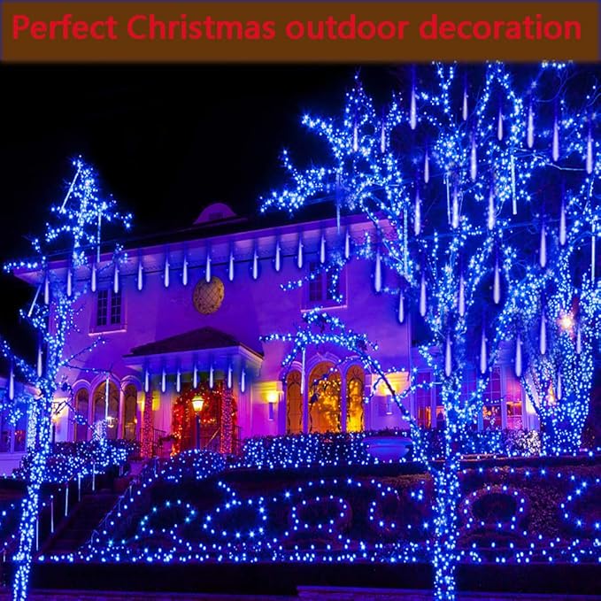 Kwaiffeo Blue Icicle Lights Outdoor, Waterproof Meteor Shower Lights for Christmas Halloween Yard Decorations Outside, UL Plug, 8-Tube