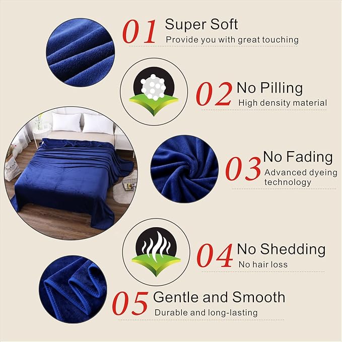Fleece Blanket Queen Size 350GSM Lightweight Throw for The Bed Extra Soft Brush Fabric Super Warm Sofa Blanket 90" x 90"(Royal Blue Queen)