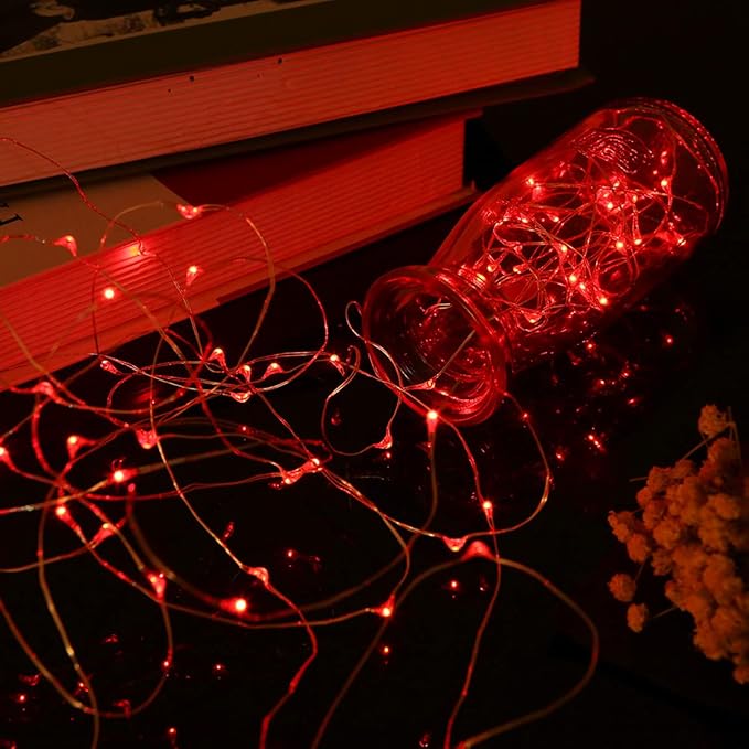 Mikasol Fairy Lights Battery Operated, 4 Packs Mini 3*AAA Battery Powered Copper Wire Led Starry String Lights Firefly Lights for Bedroom, Christmas, Parties, Decoration (5m/16ft Red)