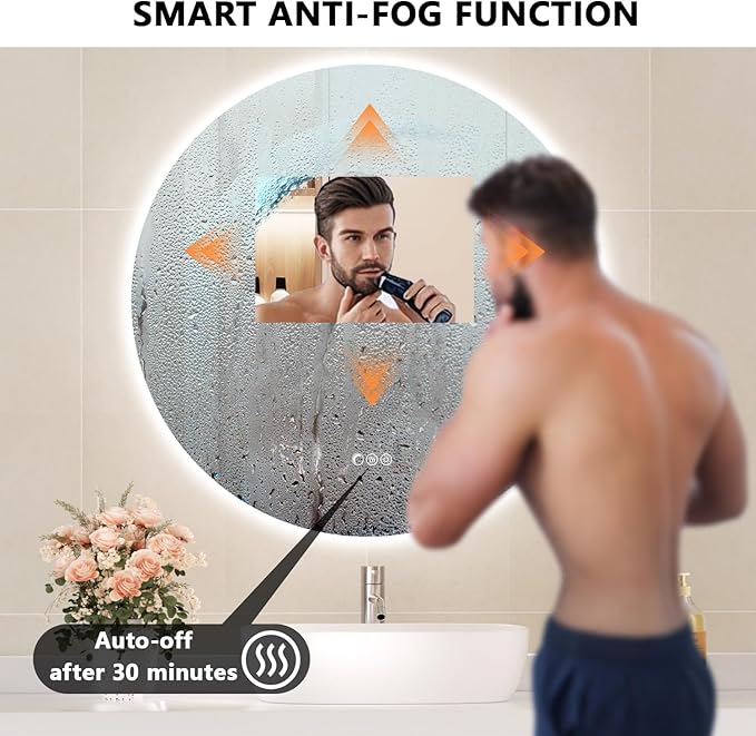 28'' Round Bathroom Mirror with Light, Frameless Circle Mirror with Backlit & Half Moonlight, Anti-Fog, Tempered Glass, Dimming LED Vanity Mirrors for Oversink, Bedroom, Wall Decor, Entryway