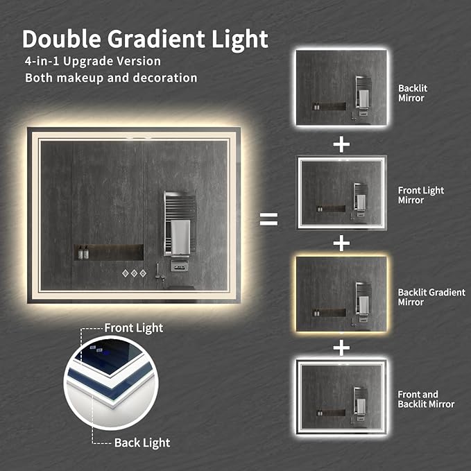 Vanity Mirror with Lights, 48x40 Inch Gradient Front and Backlit Smart Mirror, 3 Colors Dimmable CRI>90 Double Lights, IP54 Enhanced Anti-Fog, Hanging Plates Wall Mount LED Mirror
