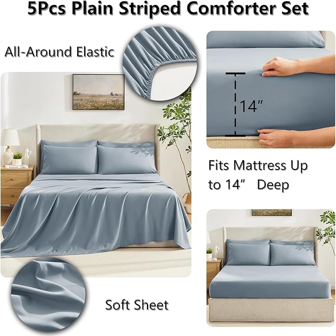 CozyLux Twin Comforter Set with Sheets Grayish Blue, 5 Pieces Bed in a Bag, Dusty Blue Comforter Twin Size, All Season Bedding Set with Stitch Quilted Comforter, Flat Sheet, Fitted Sheet, Pillowcases