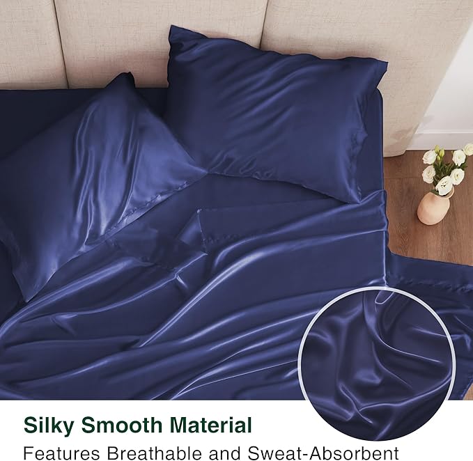 Love's cabin Twin Satin Sheet Sets - 3 Piece Navy Blue Silky Bed Sheets Twin with Deep Pockets, Luxury Silk Feel Satin Sheet Set Bedding Set (1 Flat Sheet,1 Fitted Sheet,1 Pillow case)