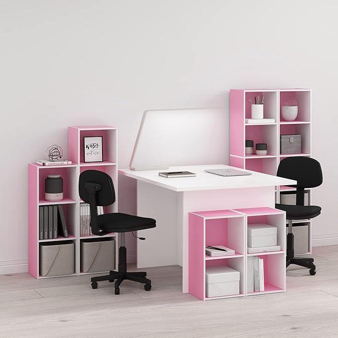 Furinno PASIR Book Shelf, 4-Tier Modern Bookshelf, Open Shelves Bookcase 9" x 12" x 42", for Living Room, Bedroom, Home Office, Pink/White