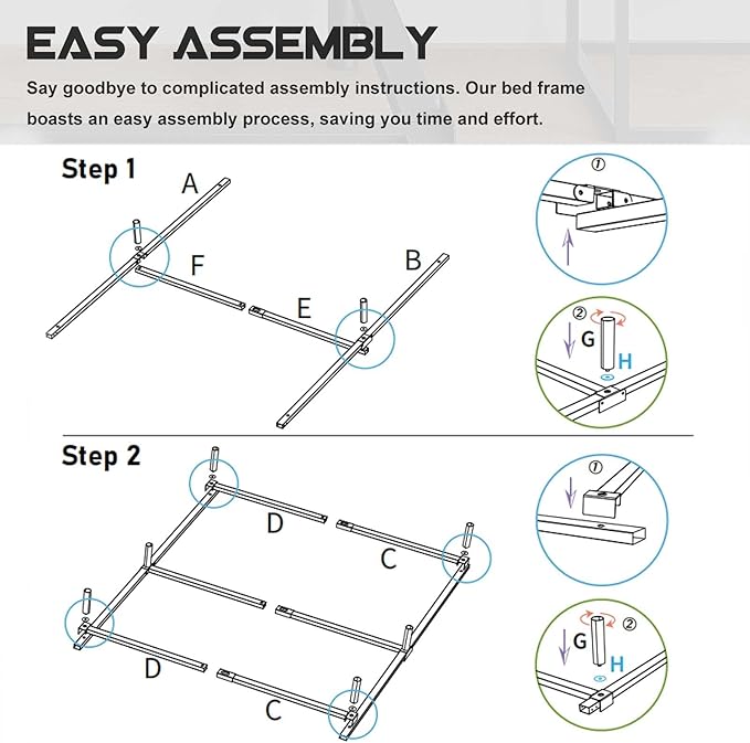 7 Inch Metal Bed Frame Queen Size, Compatible with Most Brand Box Spring Or Mattress, 9-Leg Support Bed Base, Headboard Attachable, Noise-Free, Easy Assembly, Black