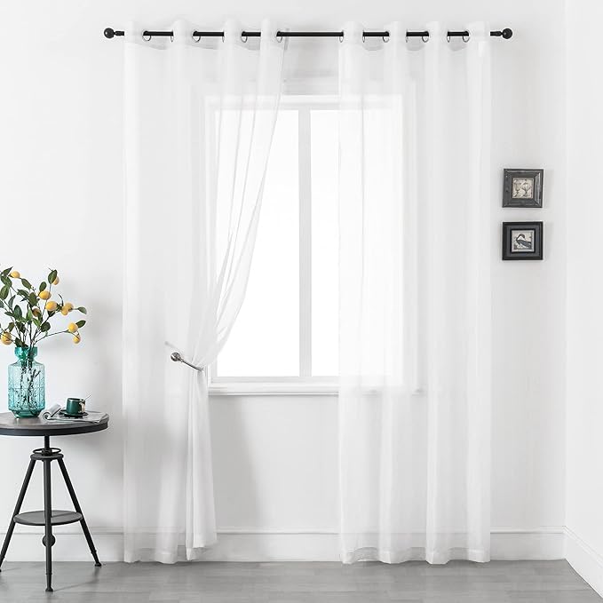 DUALIFE White Sheer Curtains 96 Inches Long Set 2 Panels Grommet Semi Transparent Drape Tulle Gauze Voile Window Sheer Curtains for Bedroom Living Room Dining Wide 52 Length Solid Color