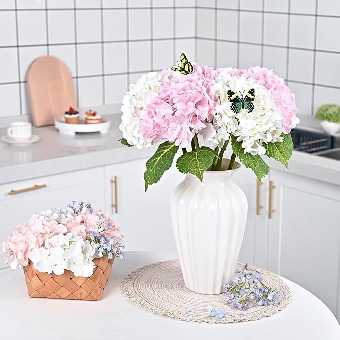 Waipfaru 4Pcs Real Touch Hydrangea Artificial Flowers, Pink & White Fake Hydrangea Flowers, 21" Lifelike Latex Faux Hydrangea Flowers for Wedding Bouquet Home Decor Centerpieces