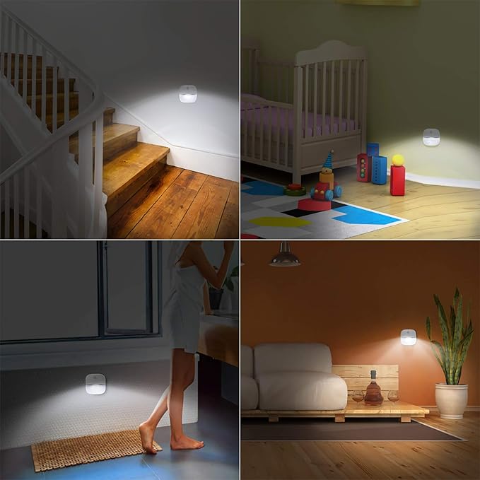 AMIR Upgraded Indoor Motion Sensor Light with PIR Technology - Battery-Powered Wall & Cabinet LED Night Light for Hallway, Bathroom, Kitchen, Stairs (White, 6-Pack)