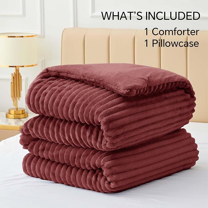 BEDELITE Fleece Twin Comforter Set -Super Soft & Warm Fluffy Burgundy Bedding, Luxury Fuzzy Heavy Bed Set for Winter with 1 Pillow case