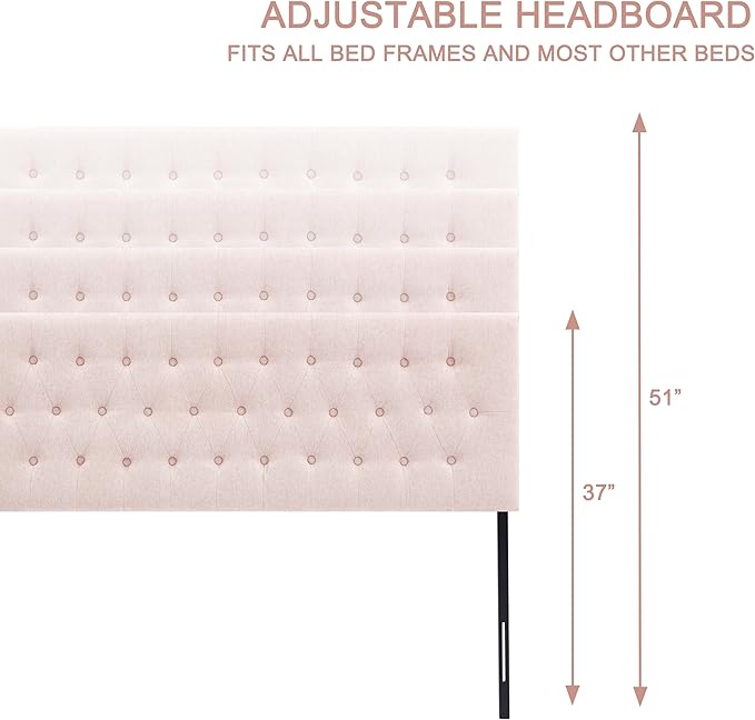 Tufted Upholstered Headboard Twin Size, Solid Wood Head Board with Durable Metal Legs, Adjustable Height Bed headboard from 37” to 51” Fabric Headboard in Modern Button Design, Pink