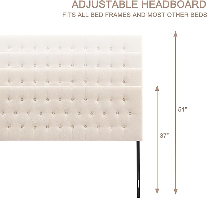 Tufted Upholstered Headboard Full Size, Solid Wood Head Board with Durable Metal Legs, Adjustable Height Full XL headboard from 37” to 51” Fabric Headboard in Modern Button Design, Beige