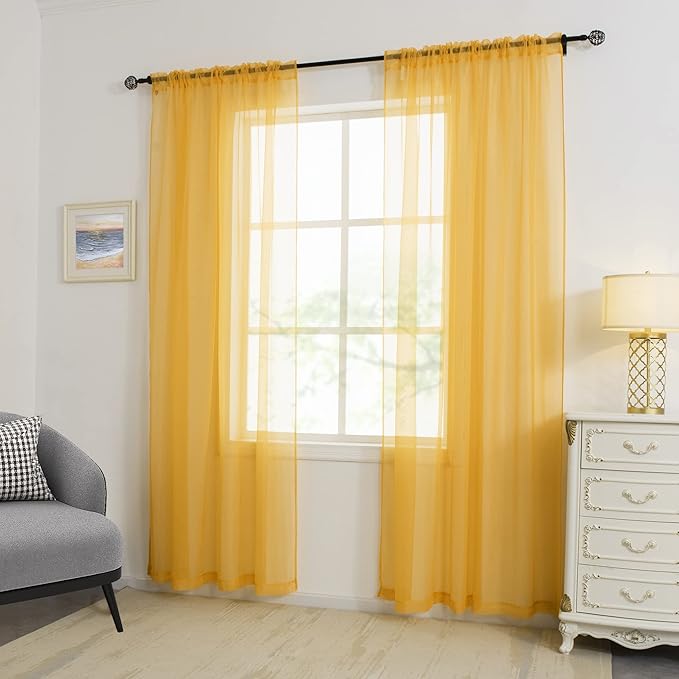 HUTO Gold Yellow Sheer Window Curtains 108 Inches Long for Bedroom Girls Rod Pocket Window Sheer Panels Drapes 2 Panels Curtains for Living Room Canopy Bed Nursery