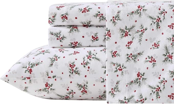 Laura Ashley - Flannel Sheets Full Size, Anti-Pilling & Wrinkle Resistant Cotton, Touchably Soft for All-Season Comfort - Bed Sheets with Matching Pillowcases & Fitted Sheet (Berry Bright Red)
